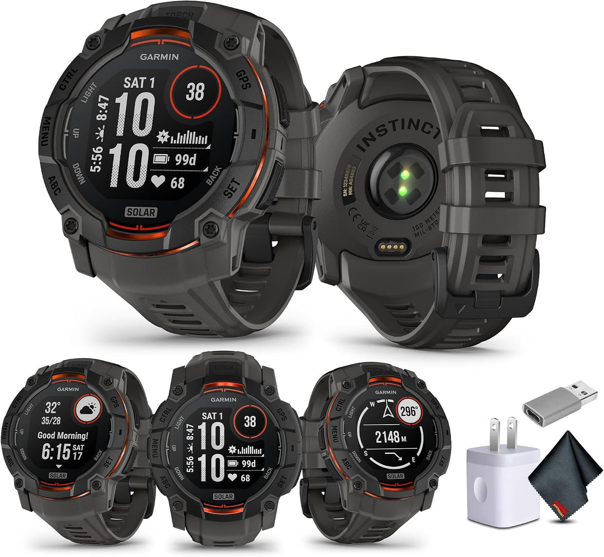 Garmin Instinct 3 50mm, Solar Charged Display, Rugged Outdoor GPS Smartwatch, Unlimited Battery Life, Built-in Flashlight, Charcoal (010-02935-00) Tactical Smart Watch Bundle for Men and Women