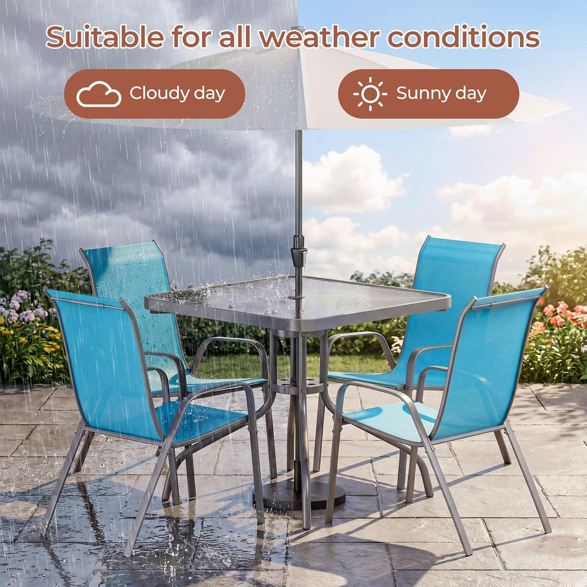 TLSUNNY Patio Dining Set 5 Pieces, All Weather Outdoor Furniture W/30'X 30' Table and 4 Stackable Textilene Chairs, Metal Table and Chairs for Lawn, Garden, Poolside, Backyard (Umbrella not Included)