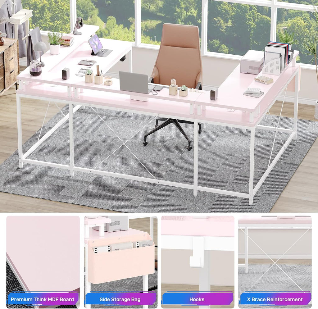 Jojoka U Shaped Computer Gaming Desk, Reversible L Shaped Desk with Power Outlets, LED Strip & Monitor Stand, Large Corner Desk with Storage Shelves for Home Office,Deep Pink