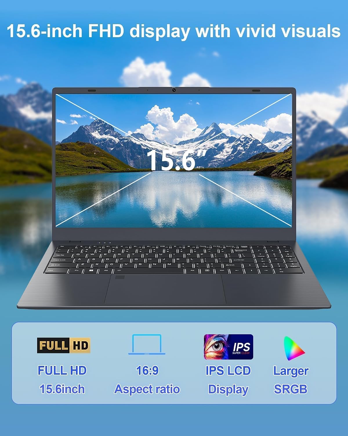Laptop Computer, 15.6' FHD IPS Display, N95 Processor (Beat N5095), 12GB High-Speed DDR5 RAM 256GB SSD, WiFi 6 BT 5.3, Fingerprint , Backlit Keyboard, Lightweight Notebook for Business Student Office