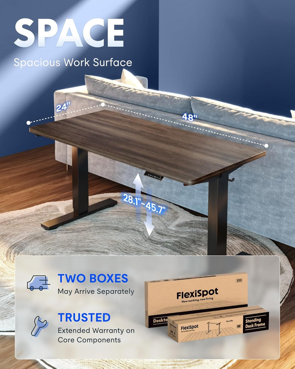 FLEXISPOT EN1 One-Piece Standing Desk, Electric Adjustable with 4 Memory Presets, 176 LBS Capacity, Stable & Quiet, Seamless Desktop for Home Office & Dual Monitors, 48'x24' Black Walnut