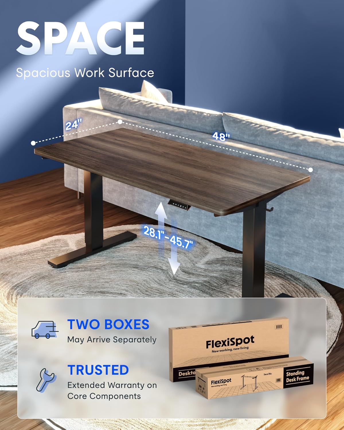 FLEXISPOT EN1 One-Piece Standing Desk, Electric Adjustable with 4 Memory Presets, 176 LBS Capacity, Stable & Quiet, Seamless Desktop for Home Office & Dual Monitors, 48'x24' Black Walnut