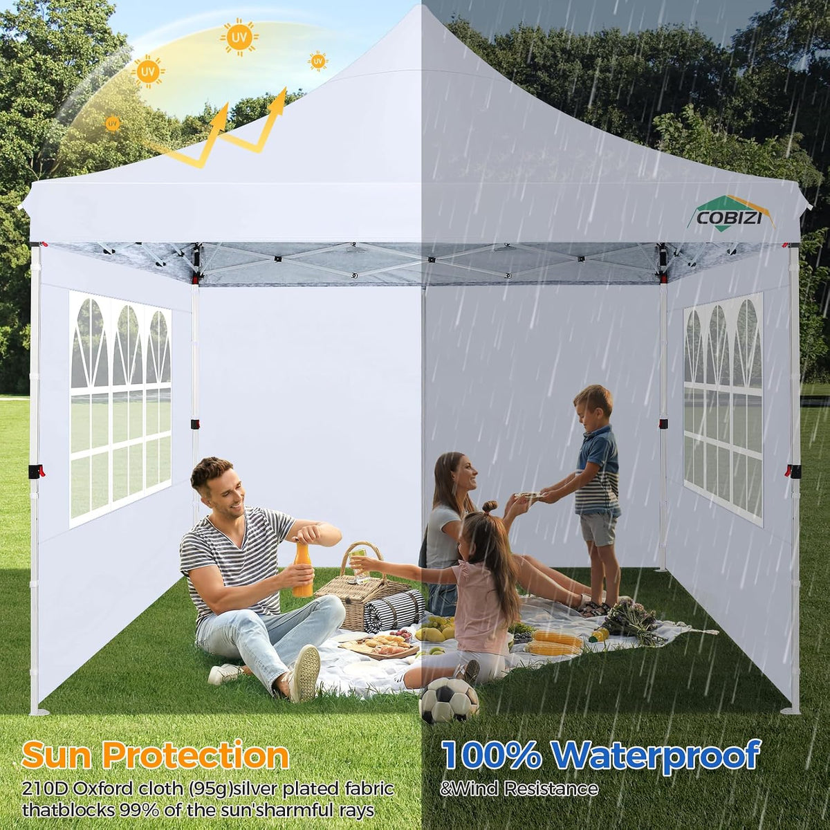 COBIZI 10x10 Pop Up with 3 Sidewalls, Canopy Tent 10x10 for Parties, Backyard, Commercial, Waterproof and Portable Instant Shelter UV50+ Outdoor Canopy Gazebo with 4 Sandbags(White)