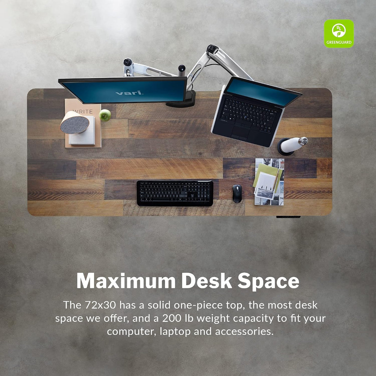 Vari Classic Electric Standing Desk - VariDesk Height Adjustable Sit/Stand Desk - Dual Motor with Memory Presets, Stable T-Style Legs - Gaming or Home Office Workstation - 72'x30', Reclaimed Wood