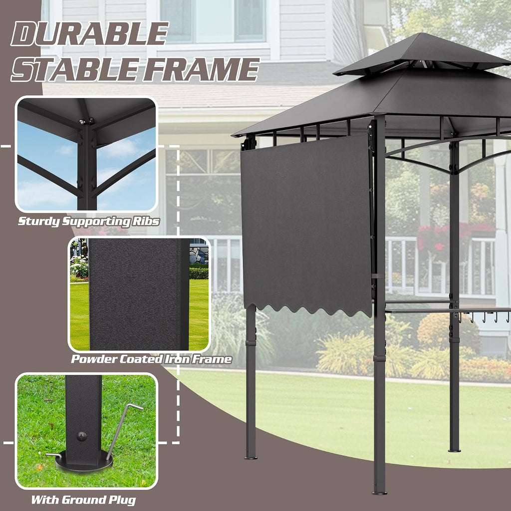 8'X8' Grill Gazebo Canopy - Heavy Duty Steel Frame, Double Tiered Grill Canopy for Outdoor Grill W/Shelves, Ceiling Hooks and Ground Stakes, Outdoor Patio Canopys Tent BBQ Gazebo Backyard(Grey)