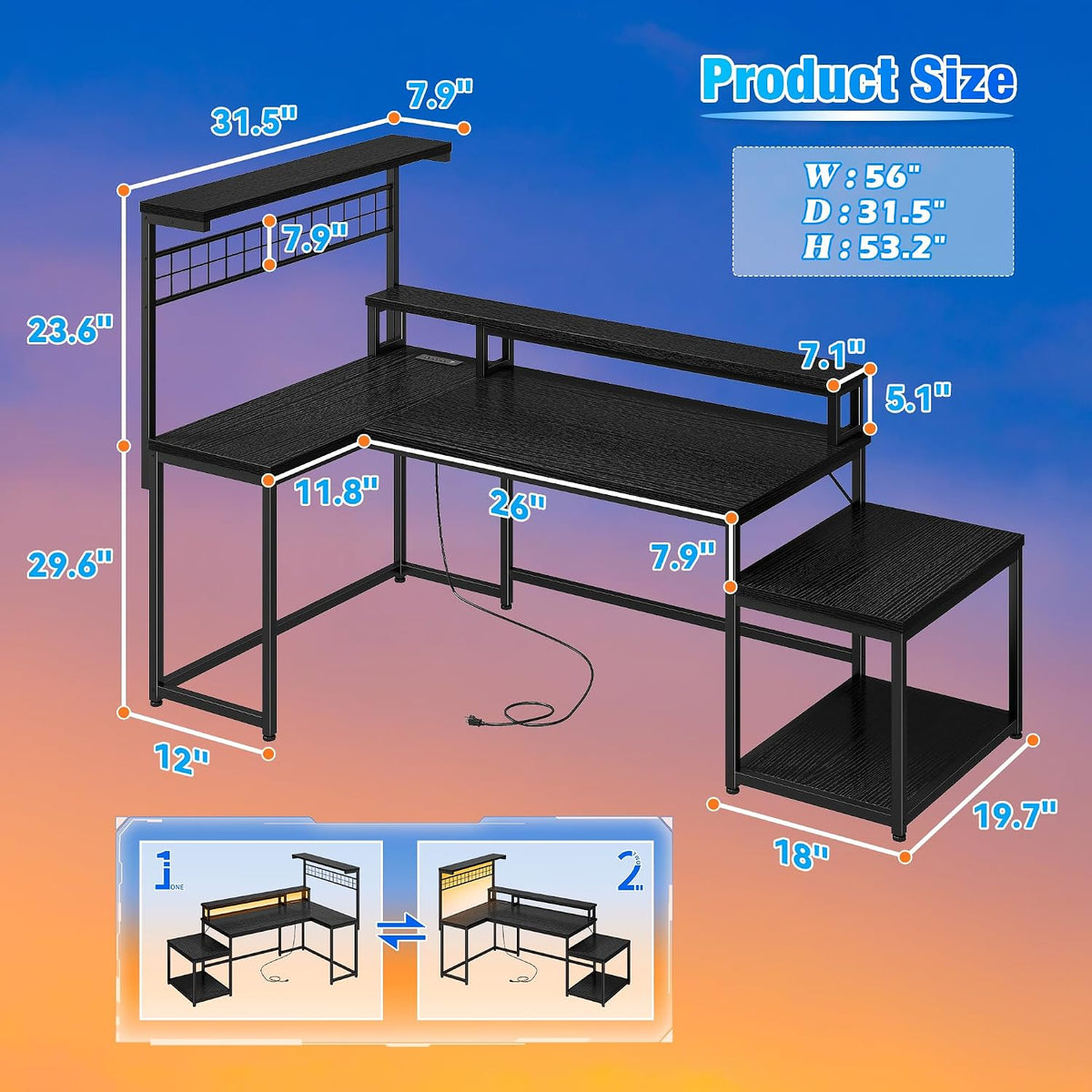 EnHomee 56' Medium L Shaped Gaming Desk with LED & Power Outlets,Computer Desk with Monitor Stand & Print Stand for Home Office,Reversible Corner Gaming Table with Storage Shelf & Hooks,Black