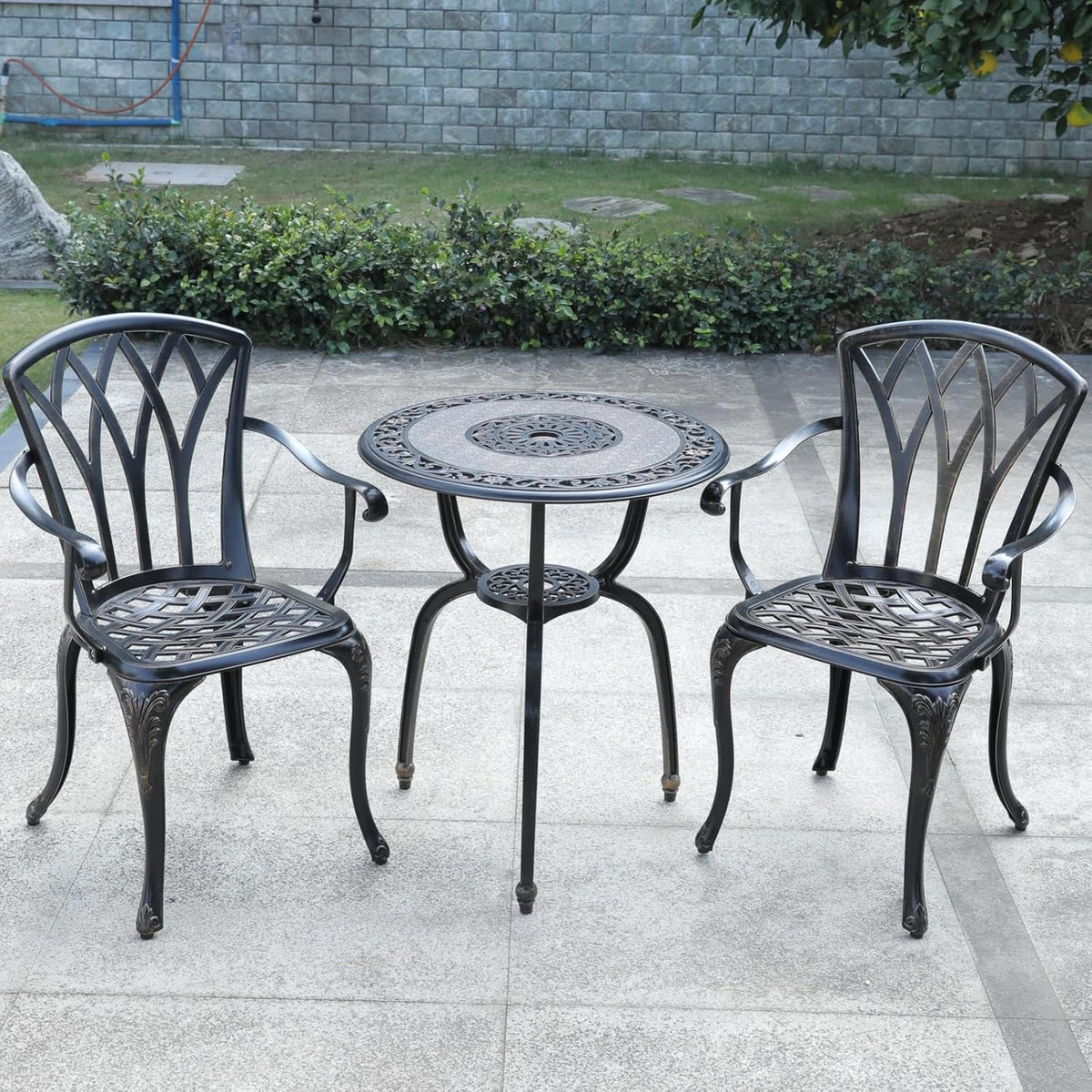 KAILI 3 Piece Bistro Table Set Cast Aluminum Outdoor Patio Furniture with Chair with armrests (Bronzed)