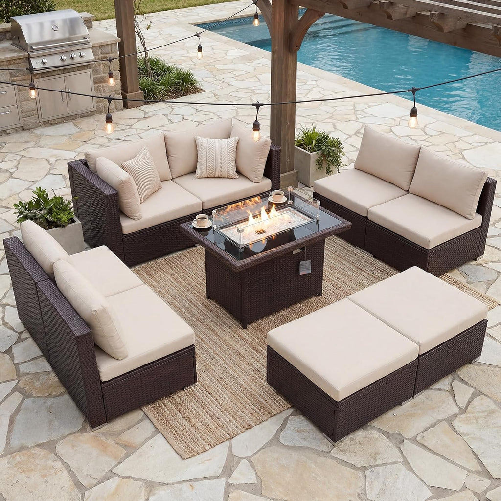 BULEXYARD 9 Piece Highback Patio Furniture Set with Fire Pit Table, Modern Modular Outdoor Sectional Couch Sofa with Ottoman, 8-Seater Backyard Seating for Exterior, Deck, Brown Wicker & Beige Cushion