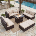 BULEXYARD 9 Piece Highback Patio Furniture Set with Fire Pit Table, Modern Modular Outdoor Sectional Couch Sofa with Ottoman, 8-Seater Backyard Seating for Exterior, Deck, Brown Wicker & Beige Cushion