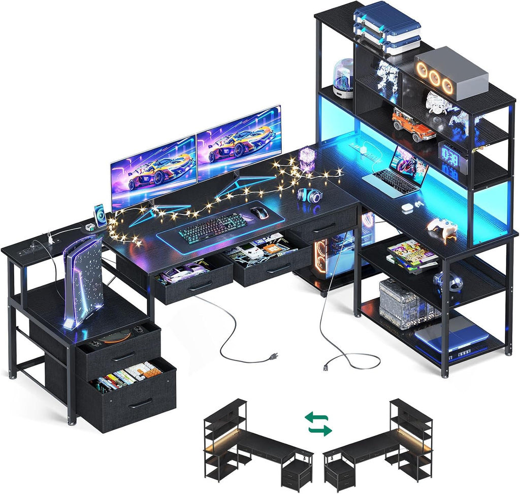 AODK 79 inch L Shaped Desk with 5 Drawers, Reversible L Shaped Gaming Desk with LED Light & 2 Power Outlets, Computer Desk with Storage Shelves for Home Office, Black