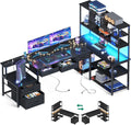 AODK 79 inch L Shaped Desk with 5 Drawers, Reversible L Shaped Gaming Desk with LED Light & 2 Power Outlets, Computer Desk with Storage Shelves for Home Office, Black