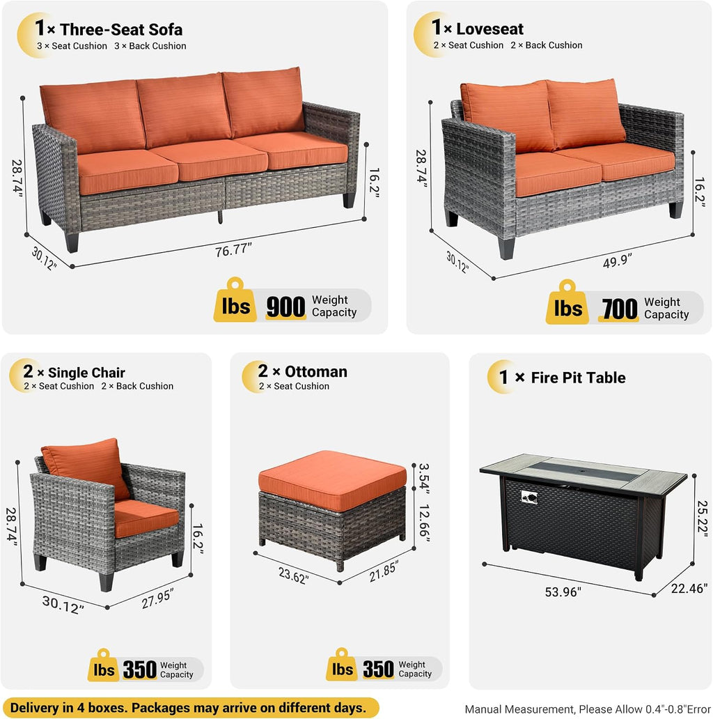 ovios 7 Pieces Patio Furniture Set with 54' Fire Pit Table, Outdoor Wicker Sofa with Comfy Cushions, All Weather High Back Rattan Couch Conversation Set, Orange Red