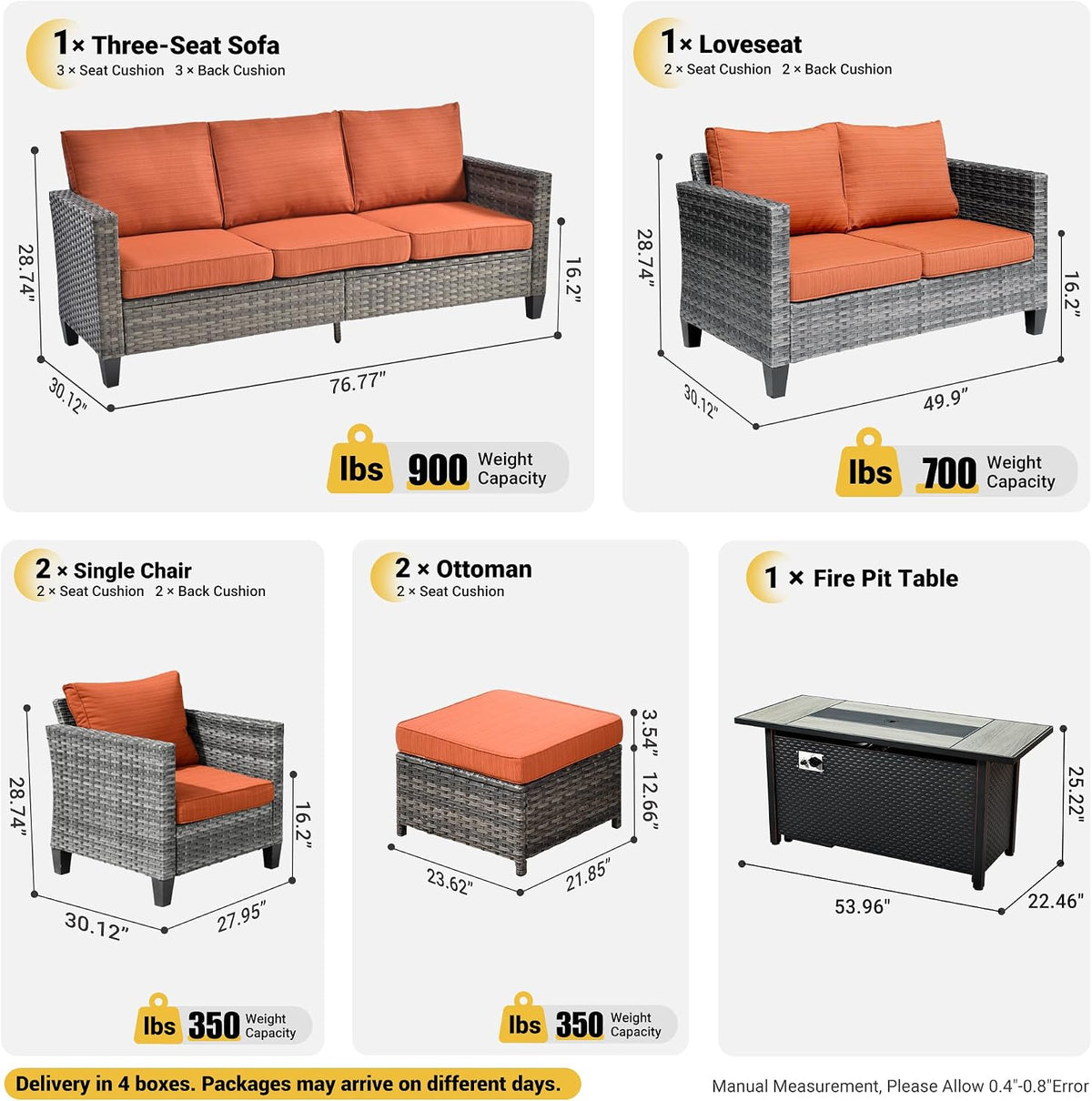 ovios 7 Pieces Patio Furniture Set with 54' Fire Pit Table, Outdoor Wicker Sofa with Comfy Cushions, All Weather High Back Rattan Couch Conversation Set, Orange Red