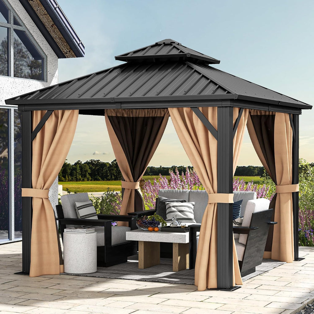 DWVO 10x10ft Hardtop Gazebo Double Roof Heavy Duty Galvanized Steel with Nettings and Curtains, for Patio, Backyard, Deck, Lawns, Brown