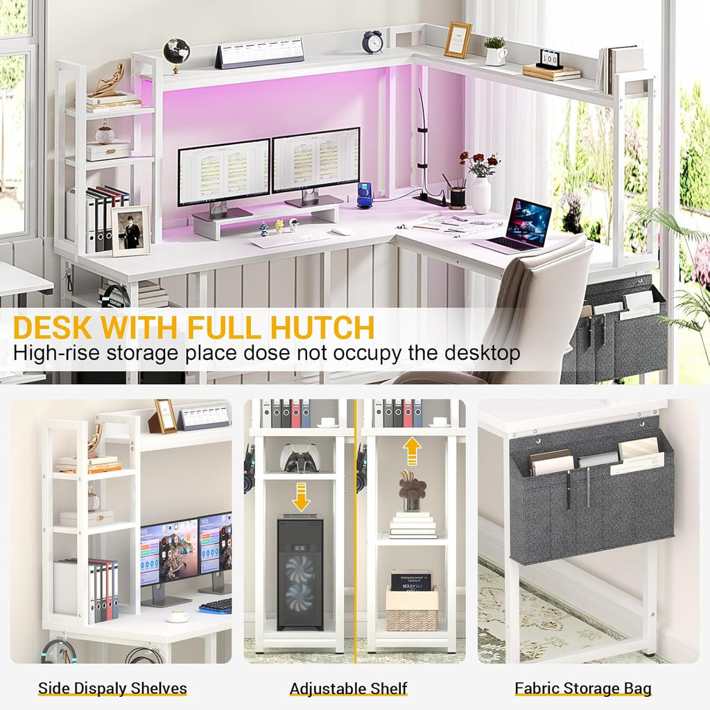 Aheaplus L Shaped Desk with Power Outlet, L Shaped Gaming Desk with Led Light & Hutch, Reversible Home Office Desk, Corner Computer Desk Writing Desk with Monitor Stand & Storage Shelves, White