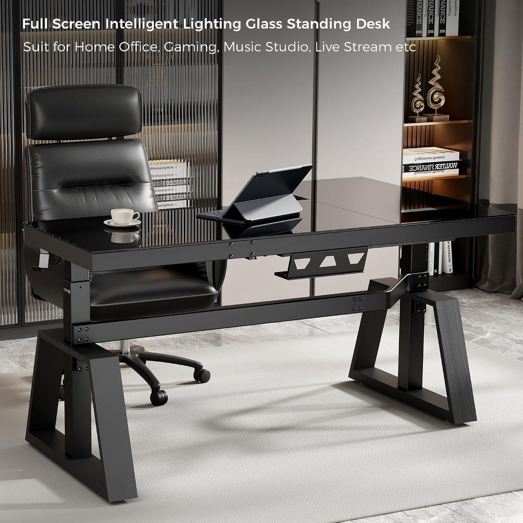 EUREKA ERGONOMIC Standing Desk, Gaming Table,Glass RGB, Height Adjustable Computer desks 60 Inch L Shaped Corner Music Studio Desk Workstation w Type-C Port,Cup Headset Holder,APP Control,Left