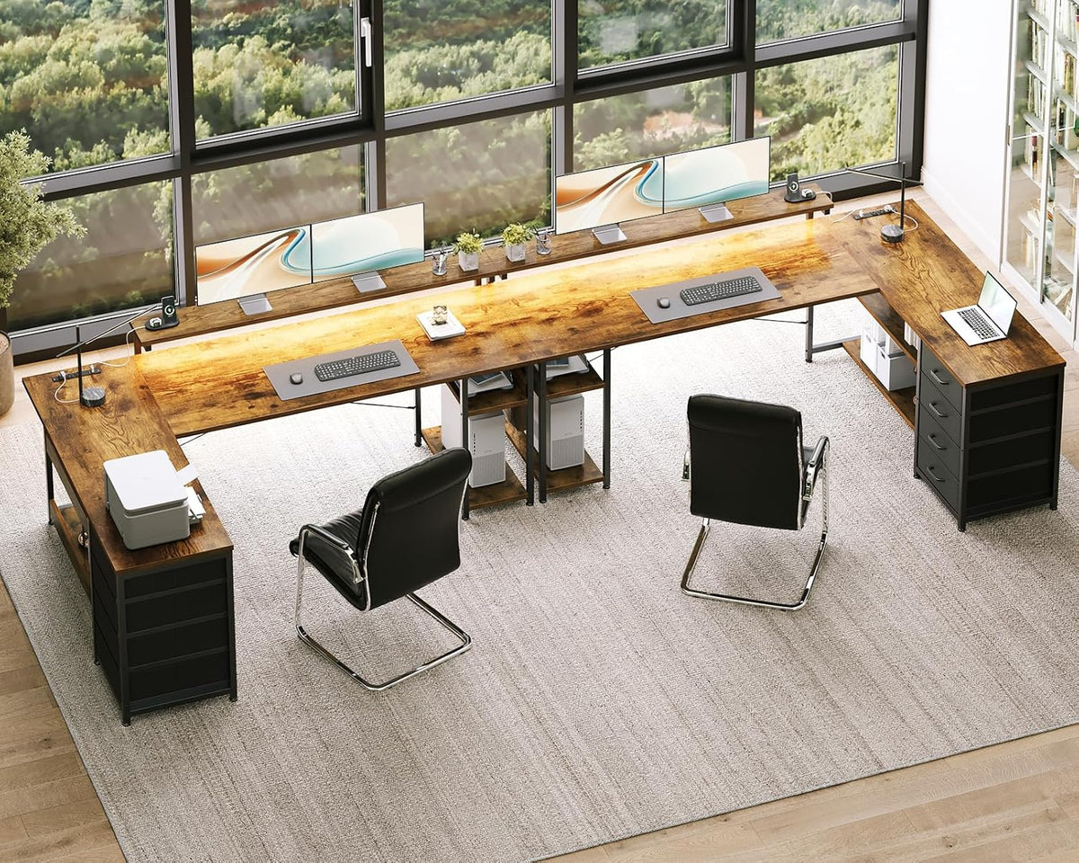 AODK 61' L Shaped Desk with Drawer, Computer Desk with Power Outlets & LED Lights, Reversible Corner Gaming Desks for Home Office Workstation, Office Table with Monitor Shelf, Vintage
