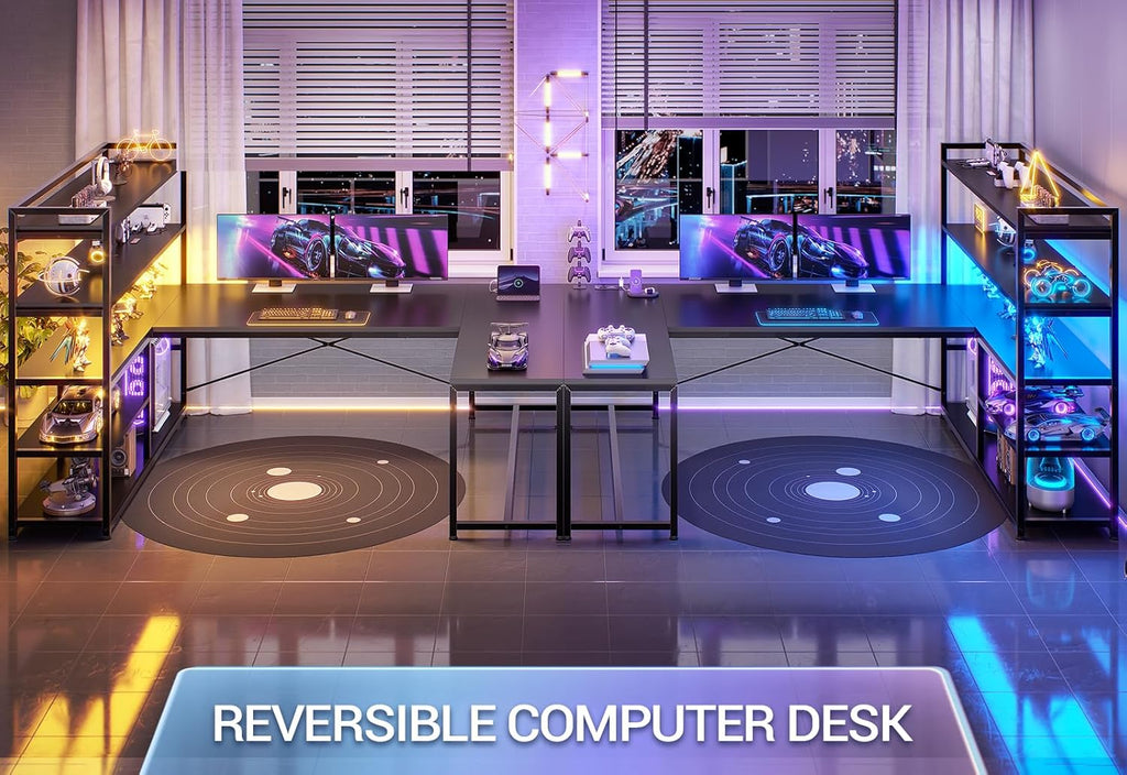 SEDETA L Shaped Gaming Desk, 63'' Reversible Computer Desk with Power Outlet and Storage Shelves, Corner Gaming Desk with LED Lights, Bookshelf for Home Office, Black