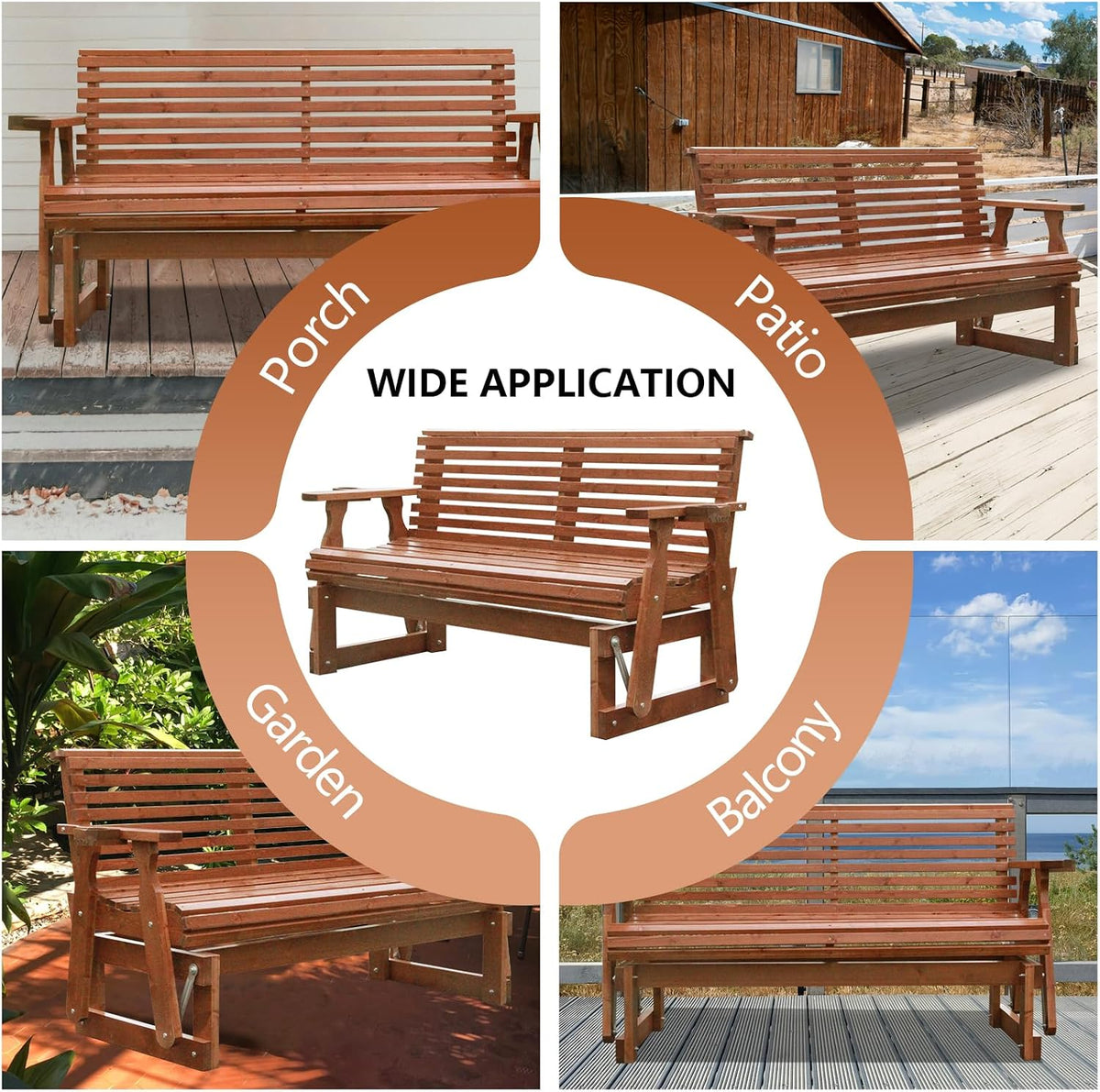 3-Seater Outdoor Glider Chair, 5FT Wood Porch Glider with High Roll Back, Cupholders and Deep Contoured for Porch, Garden, Cedar Brown