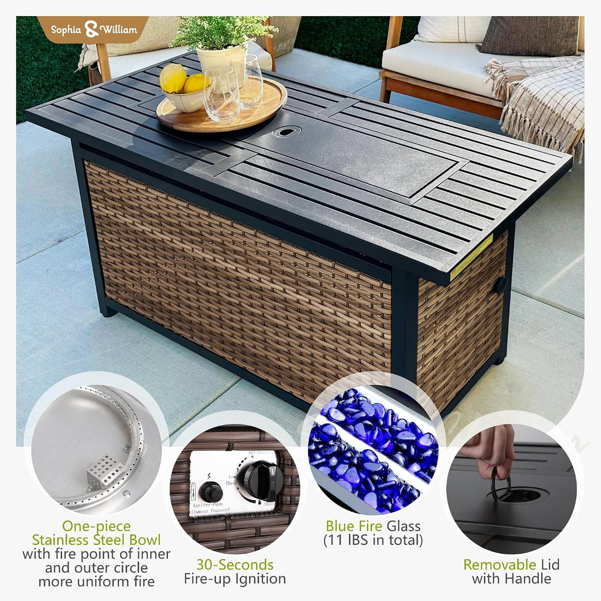Sophia & William Patio Furniture Set with 56' Fire Pit Table & Swivel Chairs, 8 Piece Outdoor Sectional Furniture Wicker Modular Sofa Couch, Conversation Set for Deck Backyard Lawn, Beige