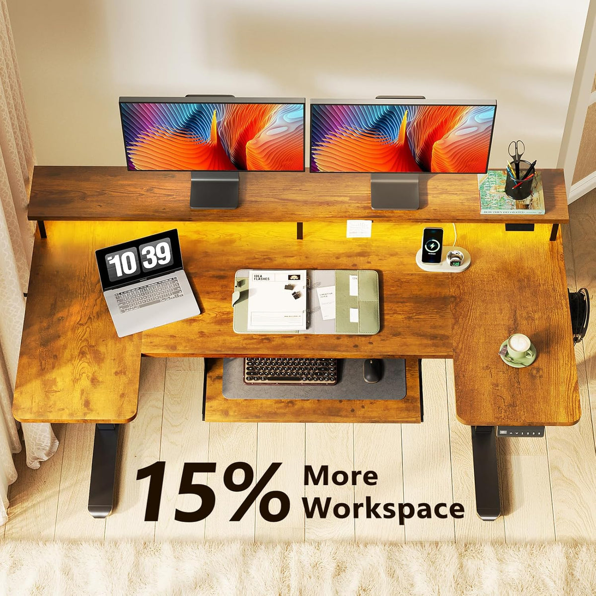 OffiGo U Shaped Electric Standing Desk with Keyboard Tray, 55 Inch Height Adjustable Desk with Power Outlets & LED Lights, Sit Stand Table with Monitor Stand for Home, Office, Rustic Brown