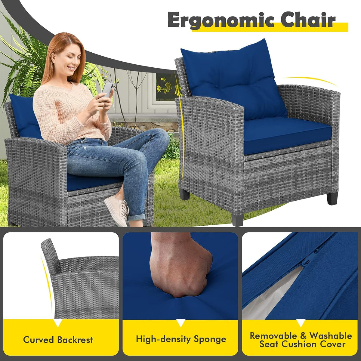 HAPPYGRILL 3 Pieces Patio Conversation Set, Outdoor Furniture Set PE Rattan Sofa Set with Removable Cushions, PE Wicker Chairs with Tempered Glass Side Table for Porch Lawn Garden Balcony Backyard