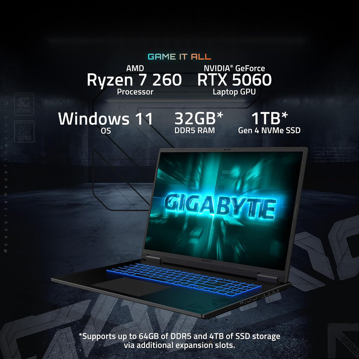 GIGABYTE Gaming A18 Gaming Laptop - 165Hz 2560x1600 WQXGA - NVIDIA GeForce RTX 5060 - AMD Ryzen 7 260-1TB SSD with 32GB DDR5 RAM - Windows 11 Home - Black Steel
