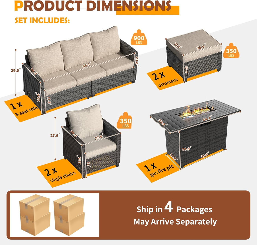 UDPATIO Patio Furniture Set with 44' Fire Pit Table, 6 Pieces Outdoor Sectional Conversation Sets, All-Weather Wicker Rattan Sofa Ottoman with 4' Thick Cushion for Garden Backyard Deck, Khaki