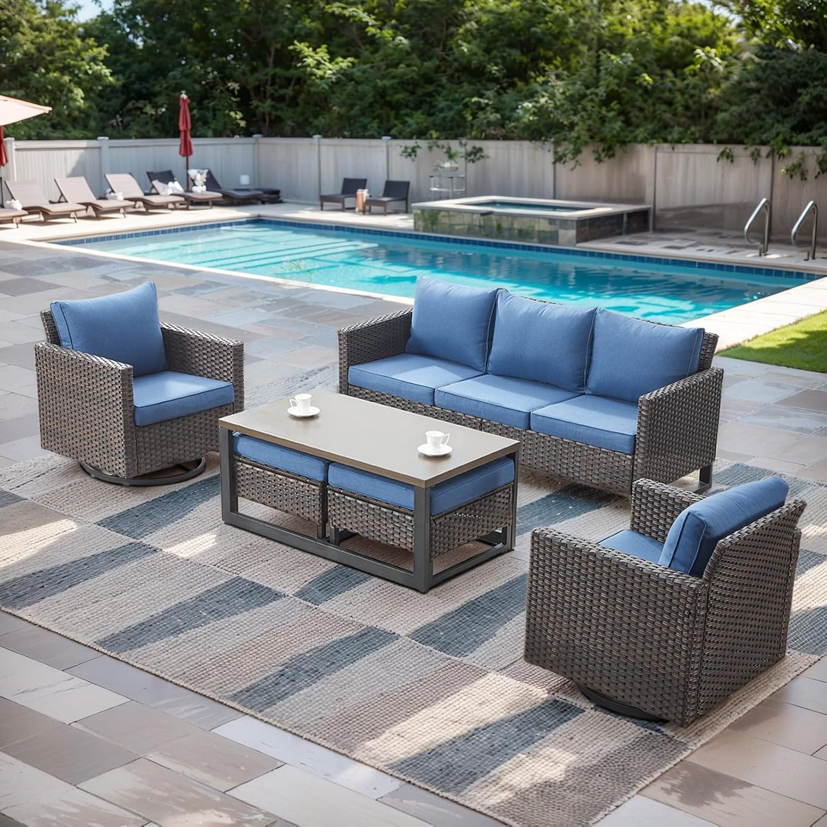 Luxury Wicker Outdoor Patio Furniture Set - 6 Piece Patio Conversation Set with 2 Swivel Rocker Chairs,2 Rattan Ottoman,1 Couch and 1 Metal Coffee Table for Outside Porch Deck Backyard(Brown/Blue)