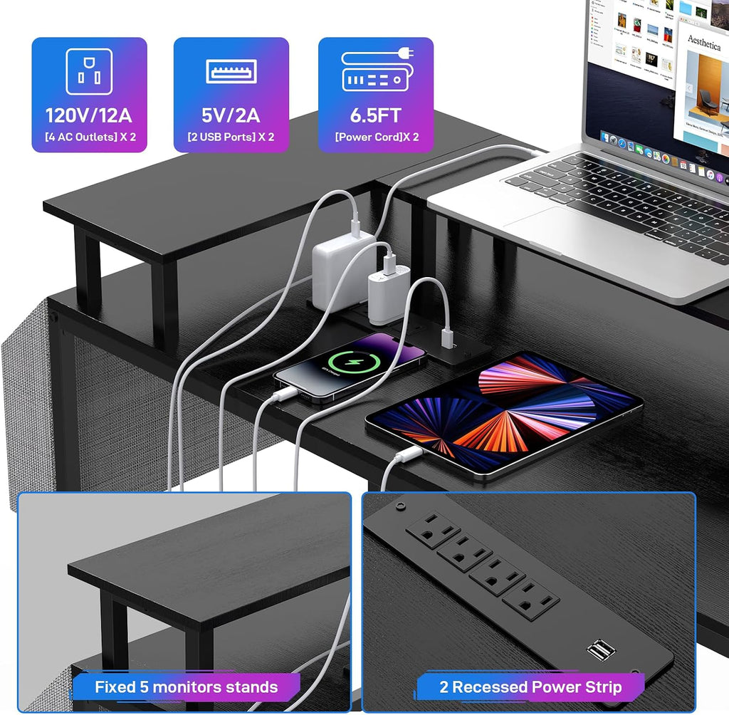 IDEALHOUSE U Shaped Home Office Desk, Reversible L Shaped Gaming Computer Desk with Power Outlets,126 Inch Computer Desk with Monitor Stand and LED Lights,Storage Shelves,Storage Bag and Hooks（Black）