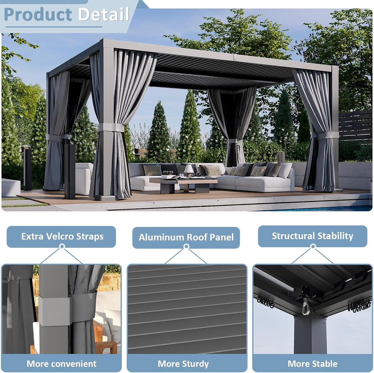 Aoxun Louvered Pergola 12' x 16' Outdoor Aluminum Pergola Adjustable Roof, with Waterproof Curtains and Nets, for Decks, Gardens, Gray