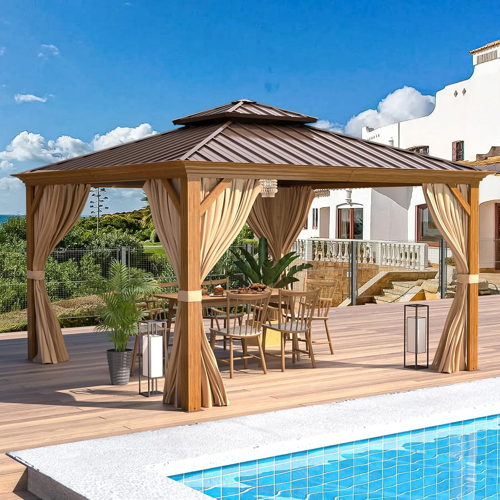 EROMMY 12'x12' Hardtop Gazebo, Wood Grain Aluminum Frame Outdoor Gazebo with Double Galvanized Steel Roof, Permanent Metal Pavilion with Curtains and Nettings for Patio, Backyard, Deck and Lawns