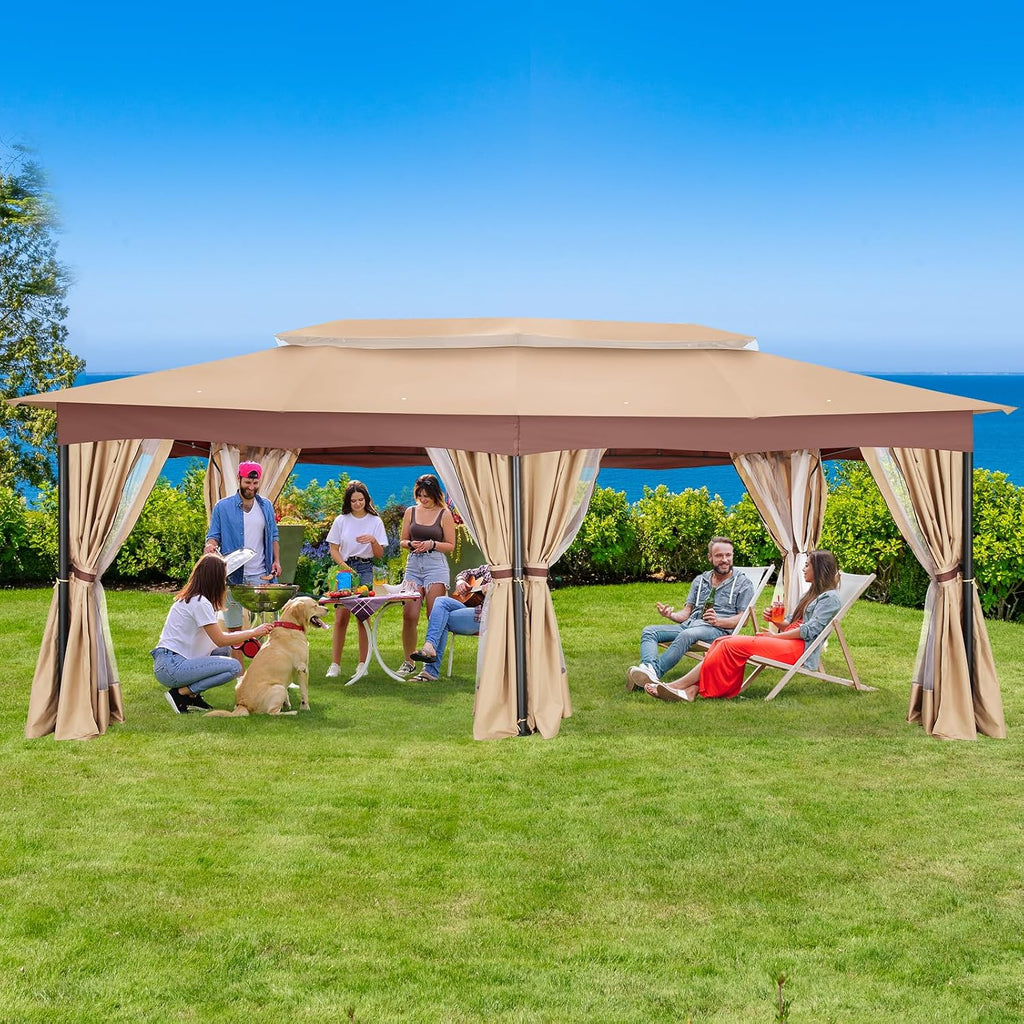 COBIZI 12x20 Outdoor Patio Gazebo, Double Roof Soft Top Canopy with Privacy Curtains and Mosquito Netting, Heavy Duty Steel Frame Shade Shelter for Backyard, Garden, Deck, Poolside - Khaki
