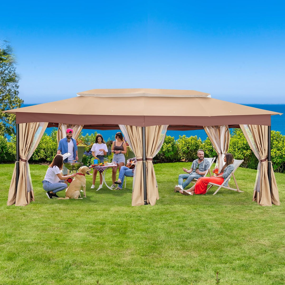 COBIZI 12x20 Outdoor Patio Gazebo, Double Roof Soft Top Canopy with Privacy Curtains and Mosquito Netting, Heavy Duty Steel Frame Shade Shelter for Backyard, Garden, Deck, Poolside - Khaki