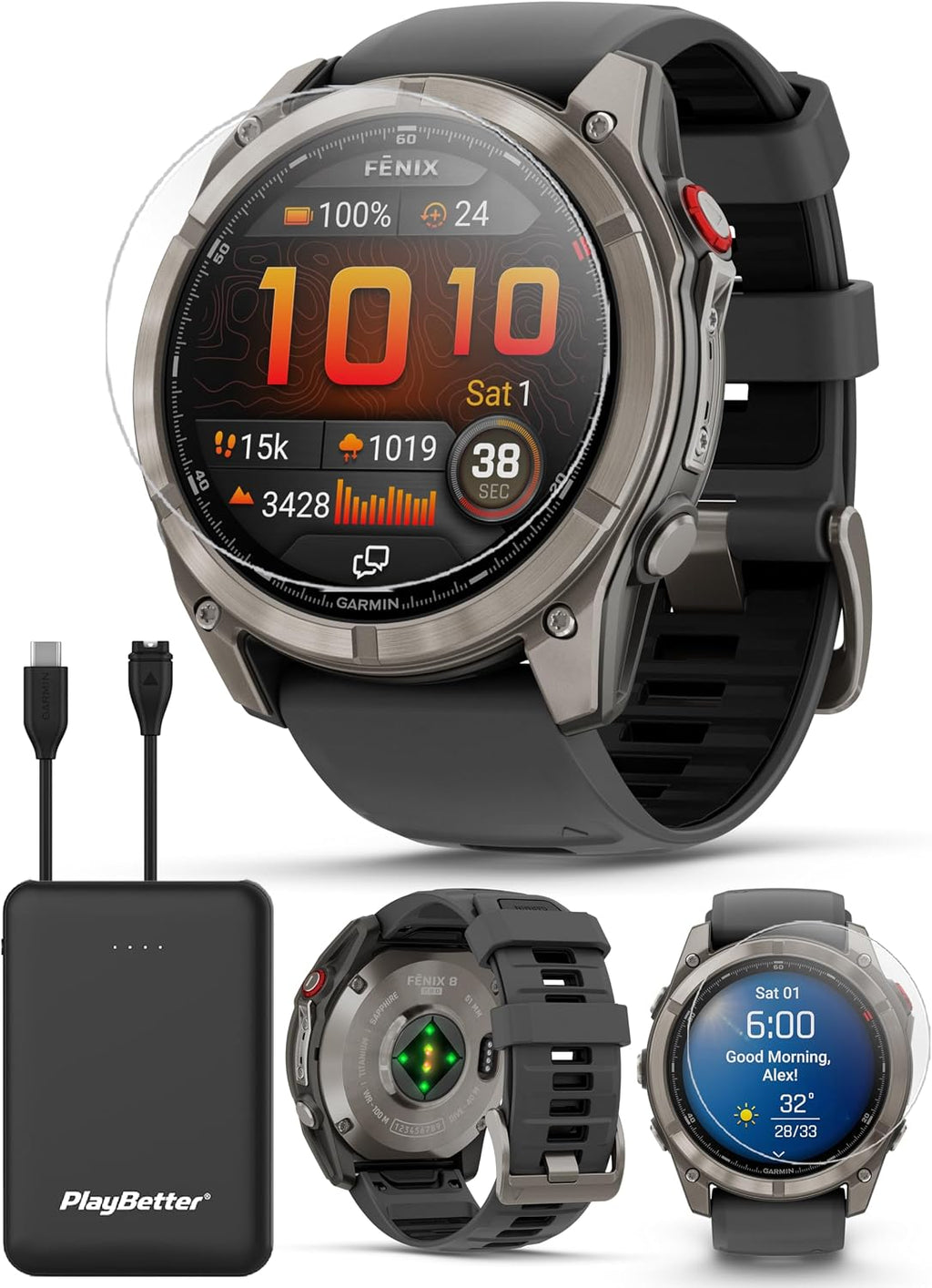 PlayBetter Garmin Fenix 8 Pro AMOLED Sapphire (51mm, Titanium/Graphite) Multisport GPS Smartwatch Bundle - 1.4' Touchscreen, inReach Technology Portable Charger & Screen Protectors