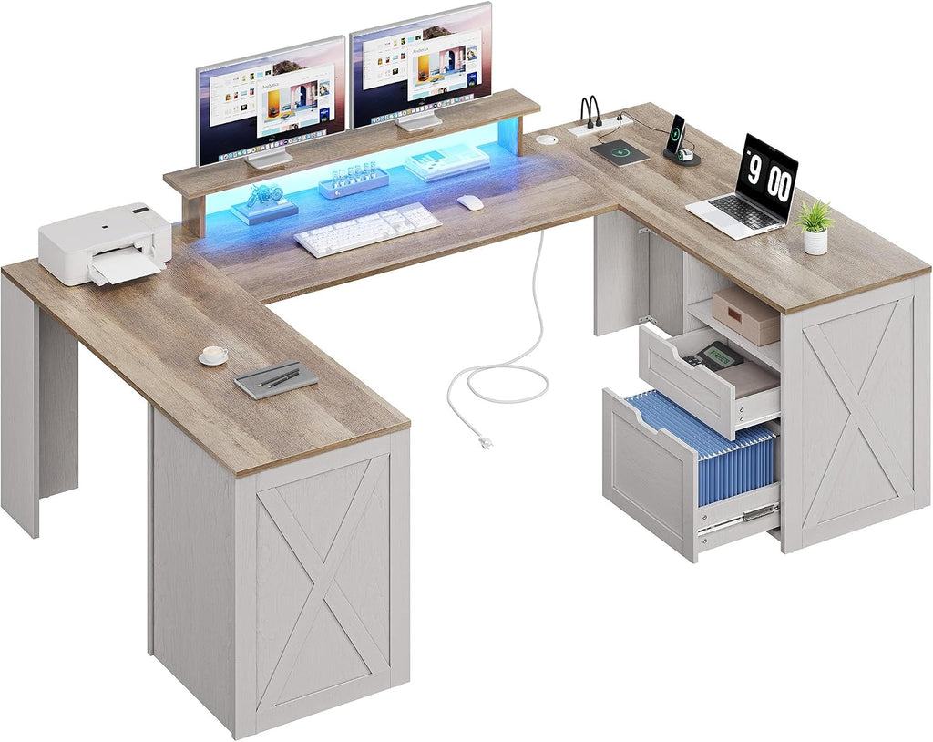 YITAHOME U Shaped Desk with Power Outlet & LED Lights, Farmhouse Computer Desk with Drawers, Wood Desk Home Office Desk with Monitor Stand & 5 Cubbies Storage Shelves, Grey Wash