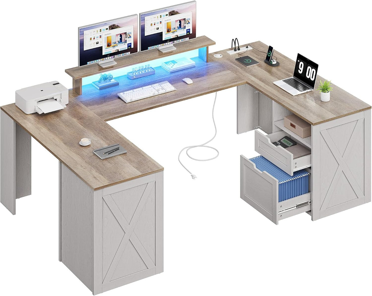 YITAHOME U Shaped Desk with Power Outlet & LED Lights, Farmhouse Computer Desk with Drawers, Wood Desk Home Office Desk with Monitor Stand & 5 Cubbies Storage Shelves, Grey Wash