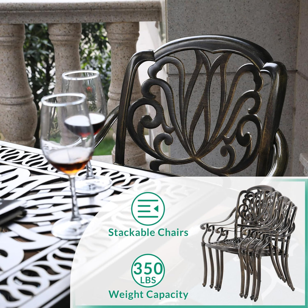 VIVIJASON 5-Piece Outdoor Patio Dining Set, All-Weather Cast Aluminum Conversation Set, Patio Furniture Set Include 4 Cushioned Chairs, a 35.4 inch Round Table w/Umbrella Hole, Navy Blue Cushion