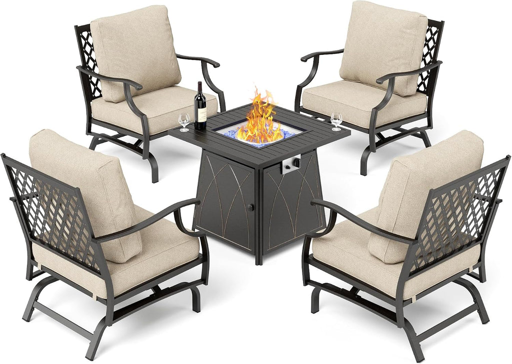 SUNSHINE VALLEY Patio Furniture Set with Firepit Table, 5 Piece Metal Outdoor Patio Furniture Set for 4, 4 Rocking Chairs with 5.75' Extra Thick Cushion and Gas Firepit Table for Backyard Deck Garden