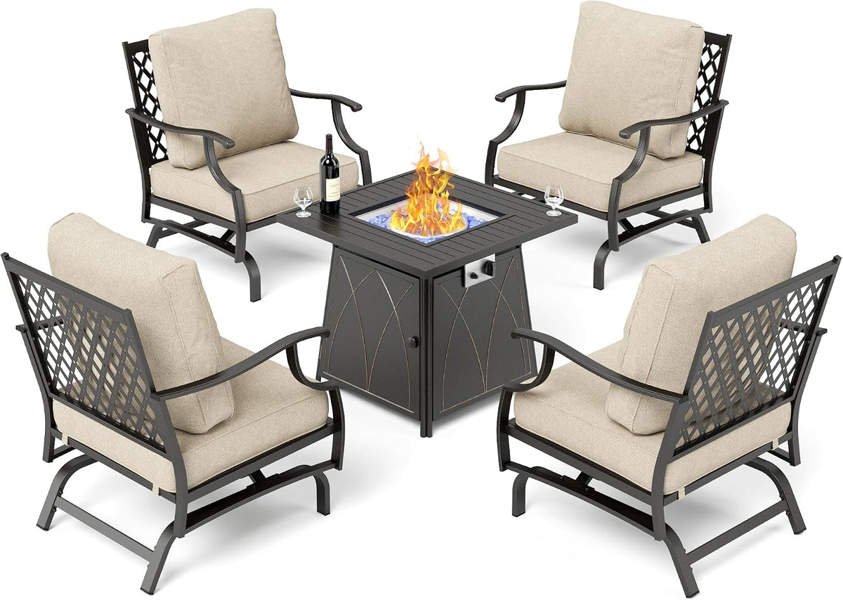 SUNSHINE VALLEY Patio Furniture Set with Firepit Table, 5 Piece Metal Outdoor Patio Furniture Set for 4, 4 Rocking Chairs with 5.75' Extra Thick Cushion and Gas Firepit Table for Backyard Deck Garden
