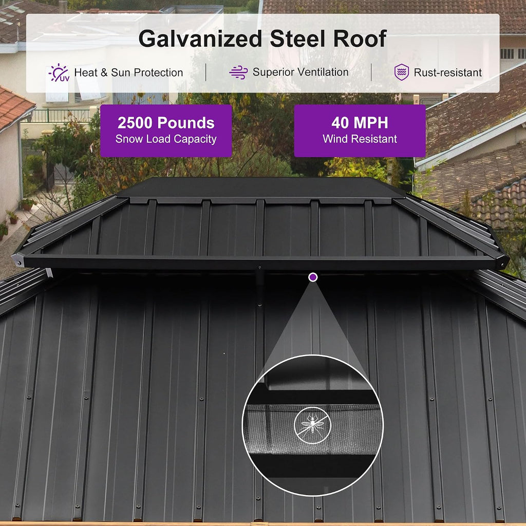 PURPLE LEAF 10' X 12' Outdoor Hardtop Gazebo for Patio Galvanized Steel Double Roof Permanent Canopy Teak Finish Coated Aluminum Frame Pavilion Gazebo with Netting