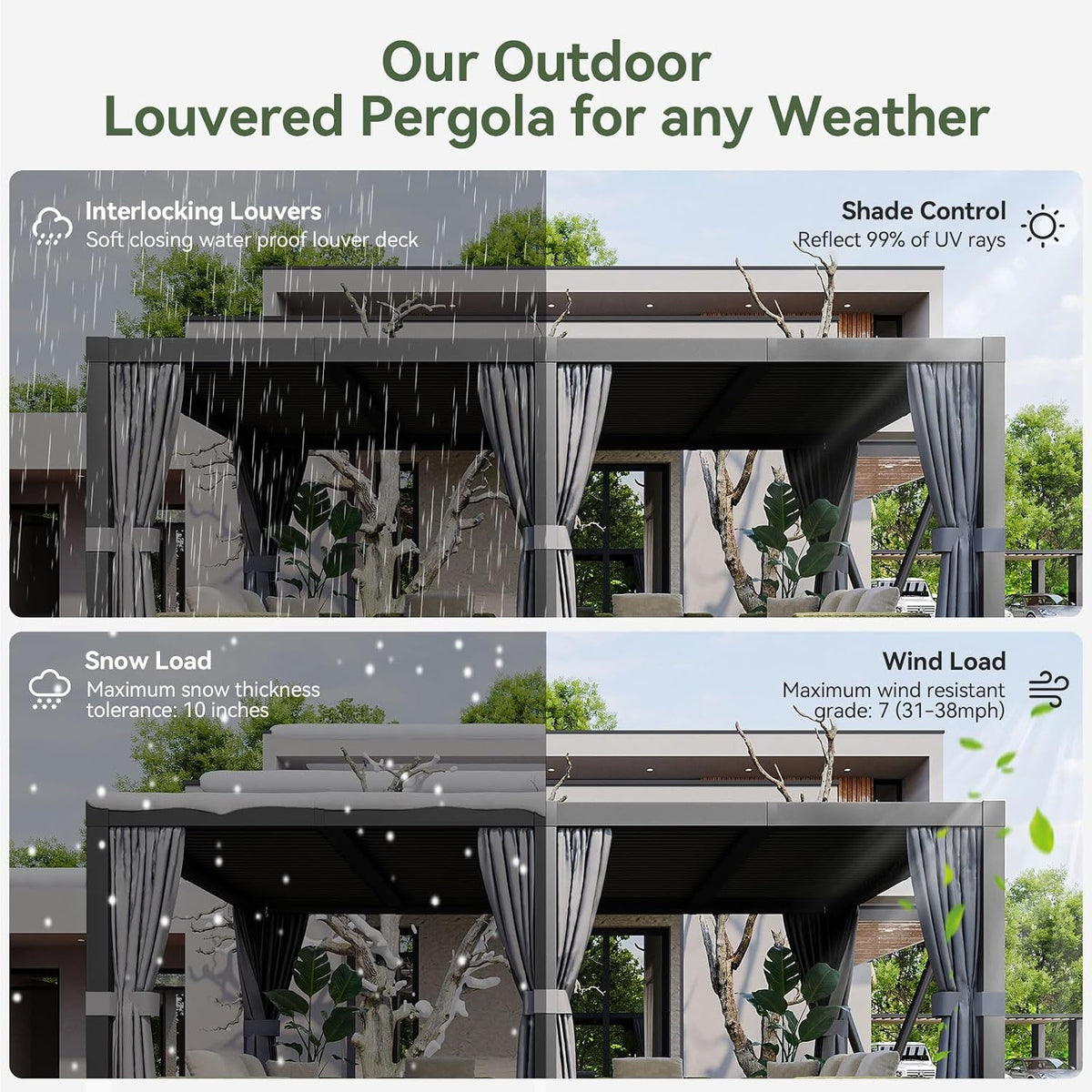 Aoxun Louvered Pergola 12' x 20' Outdoor Aluminum Pergola Adjustable Roof, with Waterproof Curtains and Nets, for Decks, Gardens, Gray
