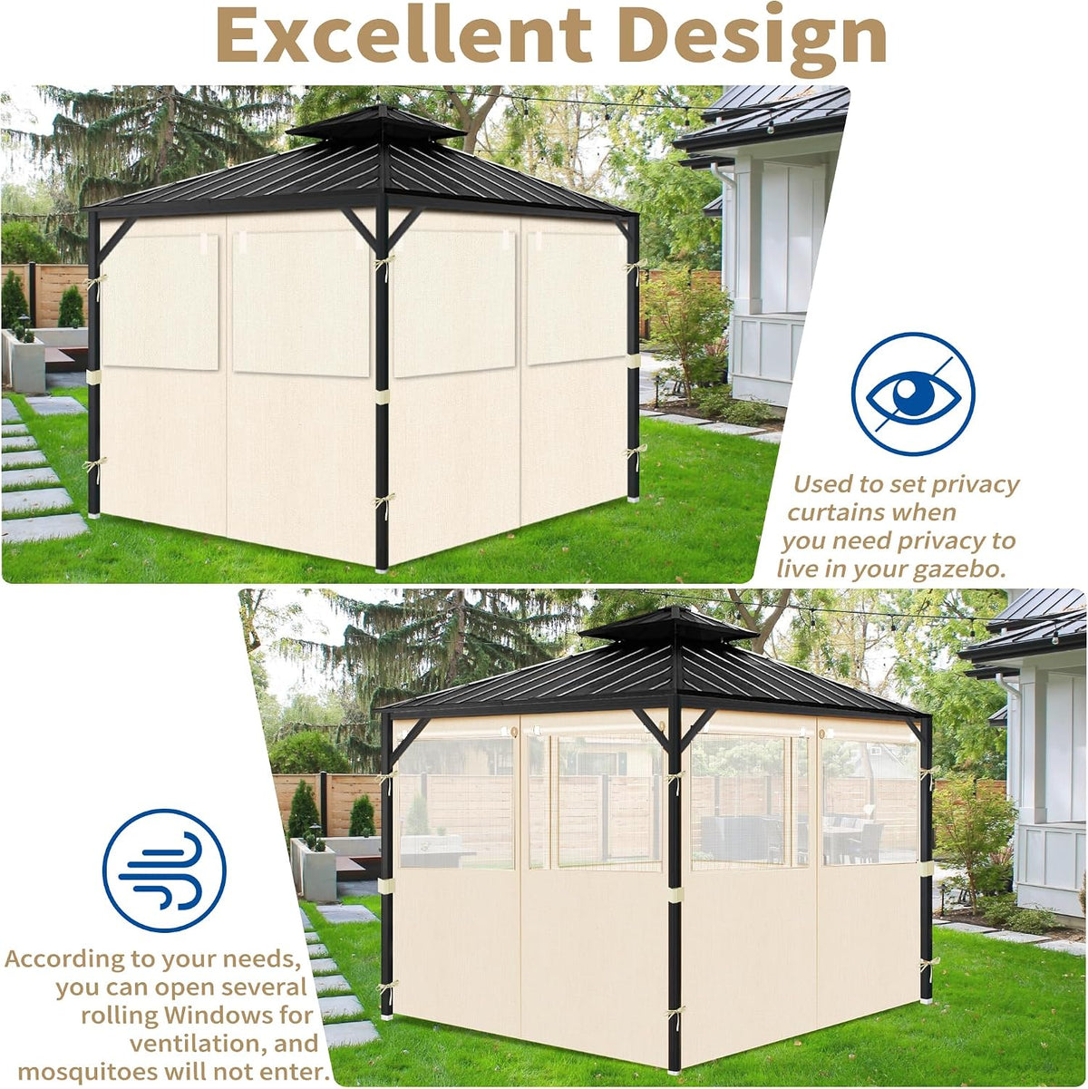Gazebo Privacy Curtains 10' x 12' with Mosquito Windows, 4-Panels Side Wall with Zipper Universal Replacement for Patio, Outdoor Canopy, Garden and Backyard, Beige(Curtain Only)