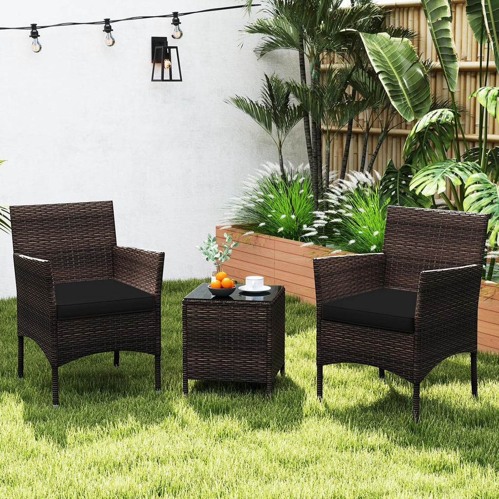 KOTEK 3 Piece Patio Furniture Set, Outdoor Wicker Patio Chairs with Soft Cushions & Tempered Glass Top Table, PE Rattan Bistro Set for Porch, Garden, Balcony (Black)