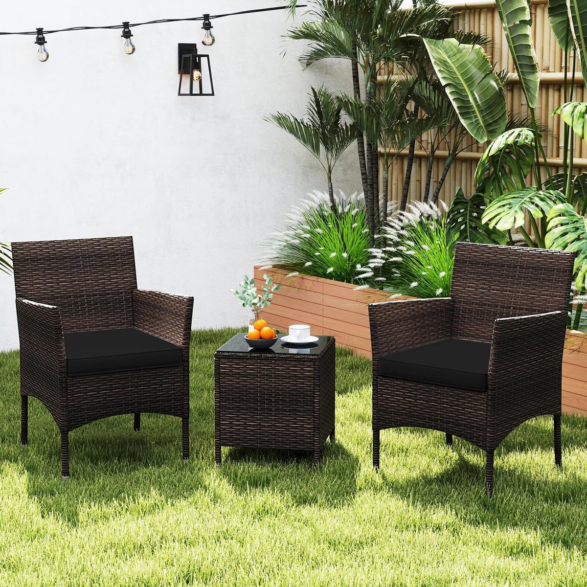 KOTEK 3 Piece Patio Furniture Set, Outdoor Wicker Patio Chairs with Soft Cushions & Tempered Glass Top Table, PE Rattan Bistro Set for Porch, Garden, Balcony (Black)