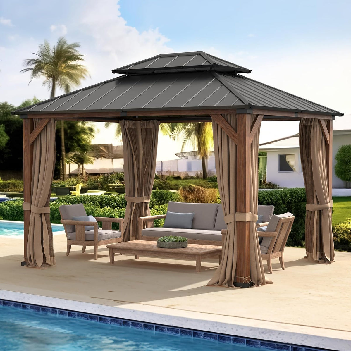 LUE BONA 10x12 Hardtop Gazebo, Galvanized Steel Double Roof Permanent Pavilion with Wood-Like Aluminum Frame, Outdoor Metal Gazebo Canopy with Nettings and Curtains for Deck, Patio, Backyard