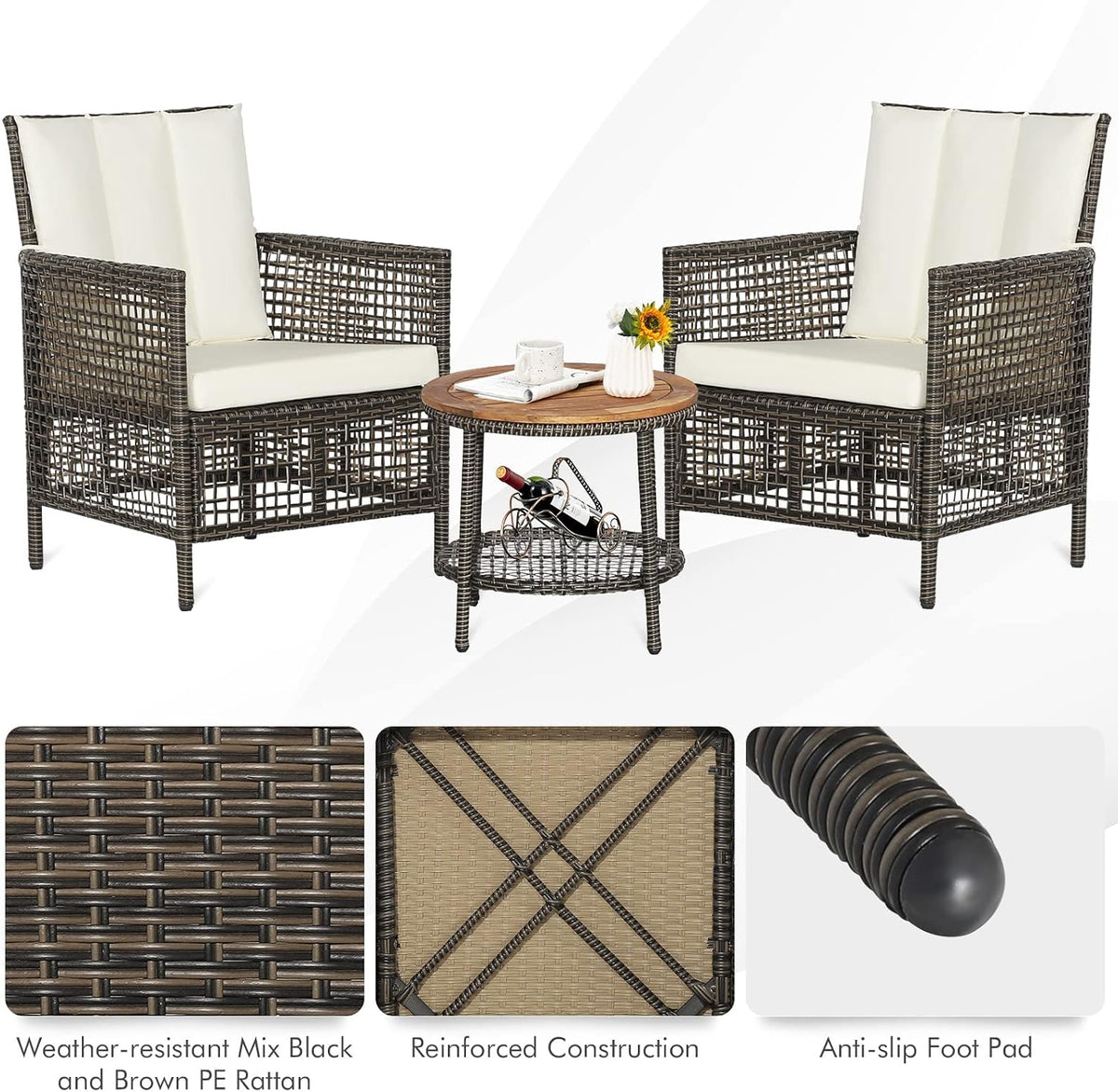 HAPPYGRILL 3 Pieces PE Wicker Bistro Set with Cushions, Patio Furniture Sofa Set with Side Table, Outdoor Conversation Set for Garden Poolside and Backyard
