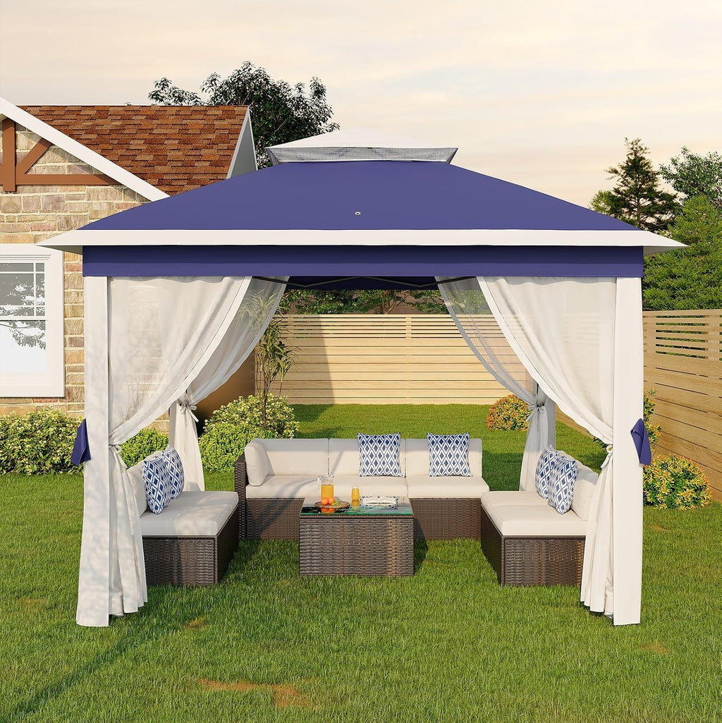 GarveeLife 11'x11 Pop-Up Gazebo, Instant Outdoor Canopy Tent with Mosquito Nettings, Durable Steel Frame, Water, and UV Proof, for Patio, Garden, Courtyard, Party (Blue)