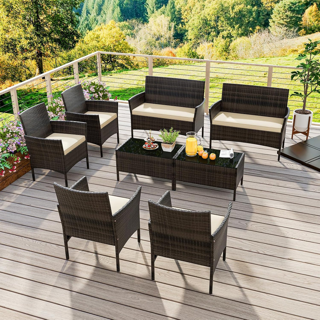 HAPPYGRILL 8 Pieces Outdoor Rattan Conversation Set, Patio Wicker Furniture Set with Loveseat Chairs & Tempered Glass Coffee Table, Outside Sectional Sofa Set for Backyard, Garden & Poolside