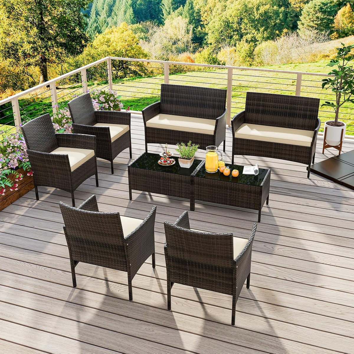 HAPPYGRILL 8 Pieces Outdoor Rattan Conversation Set, Patio Wicker Furniture Set with Loveseat Chairs & Tempered Glass Coffee Table, Outside Sectional Sofa Set for Backyard, Garden & Poolside